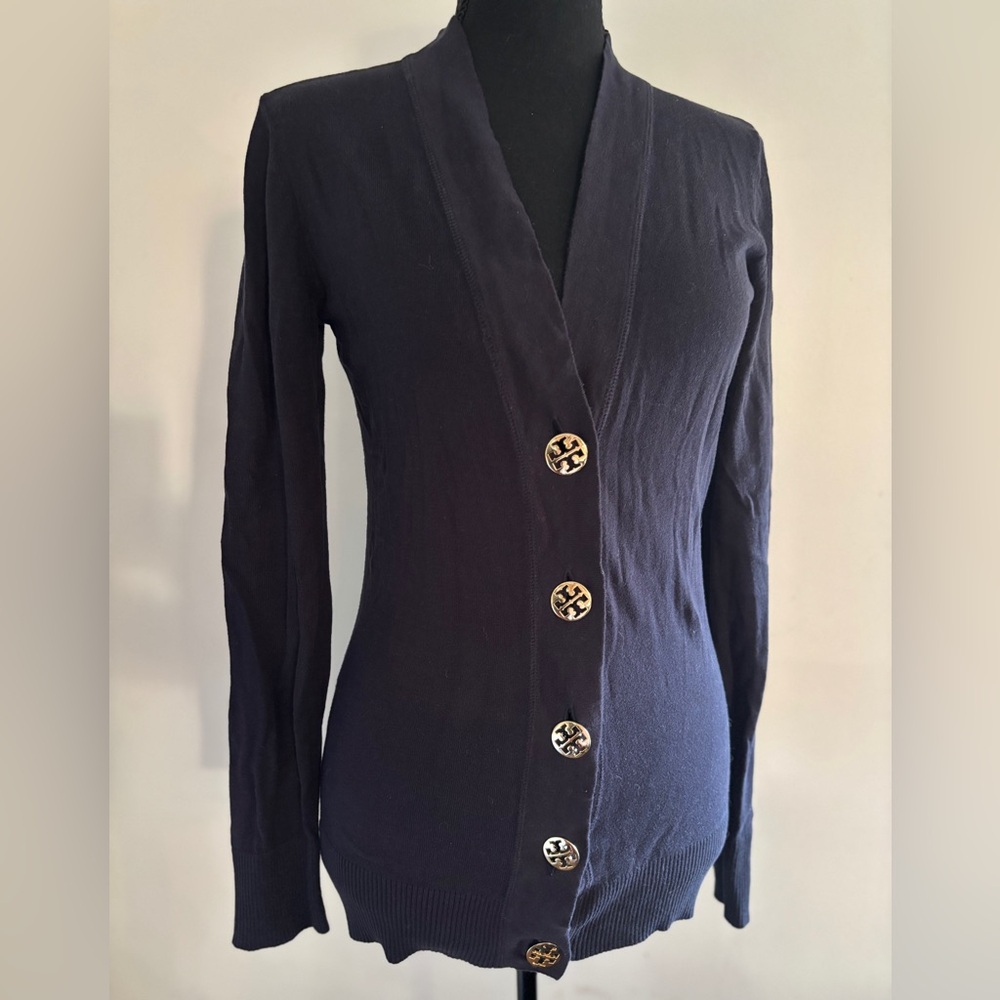 Tory Birch 100% cotton large logo button navy blue and gold cardigan sweater SZS